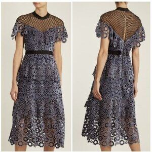 Self-Portrait Yoke Frill Guipure Lace Midi Cocktail Dress Floral Cut Outs Size 8